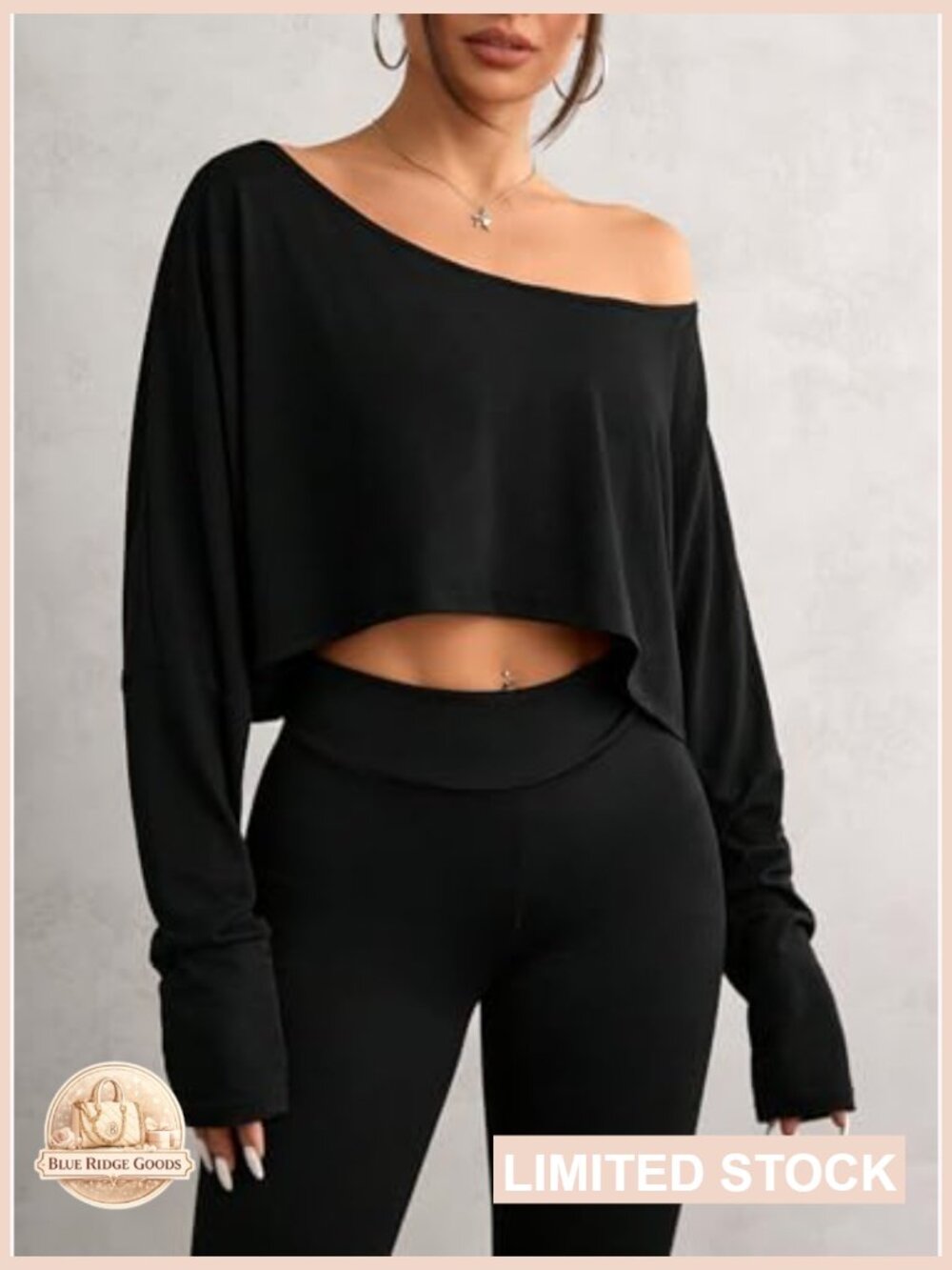 Womens Boat Neck Crop Top Long Sleeve Oversized Tee Loose Fit Sexy Off Shoulder - Picture 4 of 6
